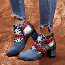 Boots Ladies Stitching Fabric Low Thick Heel Women Fashion Short Ethnic Print Winter Casual Shoes 2024