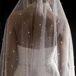 Bridal Veils Wedding Veil With Pearls One Layer Long Cathedral Bride Velos De Noiva Crystal Beaded For White Ivory Metal Comb 221I