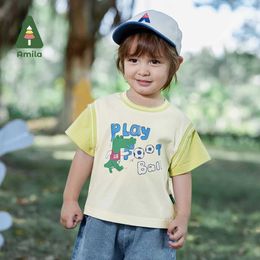 T-shirts Amila Baby Boys T-shirt Summer 2023 New Cute Animal Cartoon Print Splice Fake Two Casual Round Neck Childrens Clothing 0-6YL240509