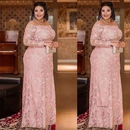 2023 Sexy Pink Mother Of The Bride Dresses Jewel Neck Illusion Long Sleeves Mermaid Full Lace Floor Length Plus Size Evening Gowns Wedding Guest Dress 0509