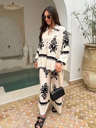 Women's Two Piece Pants Fashion Lapel Single Breasted Long Sleeve Shirt High Waist Wide Leg Pant Suit Chic Printed Suits Lady Loose Set