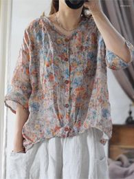 Women's Blouses Quality Ramie Print Women Shirt 2024 Summer V-Neck Button Half Sleeve Loose Casual Tops Thin Blouse