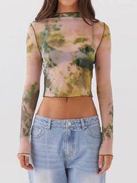 Women's T Shirts Women Mesh Sheer Long Sleeve Crop Tops Tie-Dye Print Shirt Casual Pullover For Club Streetwear Aesthetic Grunge Clothes