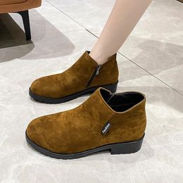 Boots Ladies Shoes 2024 Zipper Women's Winter Round Toe Suede Solid Female Short Barrel Chunky Heel Fashion