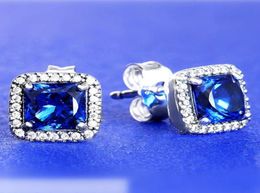 925 Sterling Silver Blue Square Sparkle Halo Stud Earrings Fits European P Style Jewellery Fashion Earrings9062742