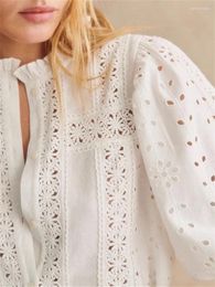 Women's Blouses Ladies Stand Collar Loose Single Breasted Blouse French Women Lace Embroidery Hollow Lantern Sleeve Shirt 2024 Spring Summer