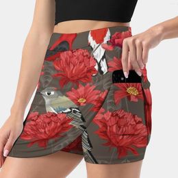 Skirts Birds And Roses Women's Skirt With Pocket Vintage Printing A Line Summer Clothes Scarlet Tanager Rose