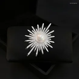 Brooches High-End Rhinestone Brooch Shining Sunflower Fashion Pins Women Clothes Accessories For Suit Neckline Corsage Pearl Jewellery 3620