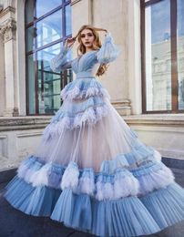 2020 Sky Blue See Thru Feather Aline Prom Dresses With Puffy Full Sleeves Formal Dress Ruffles Tiered Long Prom Gowns1797857