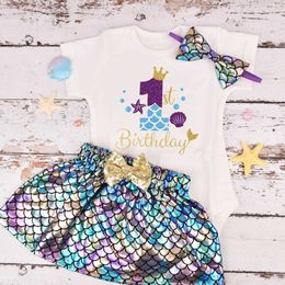 Clothing Sets Baby Girl Mermaid Birthday outfit 1st Birthday Party costume Baby Shower Party Under the Sea Theme Party Kids Set 3 Colour option T240509