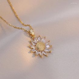 Pendant Necklaces Cubic Zircon Sunflower For Women Stainless Steel Chain Choker Jewellery Accessories Drop Items