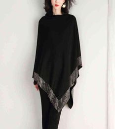 ZJZLL 2021 New Autumn Fashion Winter Diamonds Knit Wool Shawl Cloak Loose Plus Size Solid Woman Poncho Cape Pullover Sweater H11237187090