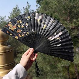 Chinese Style Products Vintage Folding Fan Chinese Style Art Crafts Gift Silk Fan Home Decoration Dance Printed Wood Bamboo Hand Fan Props