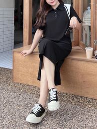 Plus Size Dresses Cool Polo Collar Loose Hoodie Dress Women Summer 2024 Good Quality Black And White Block Color Medium Long Slit