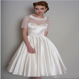 Knee Length Vintage Short Wedding Dresses With Short Sleeves High Neck Sheer Neck and Back 50s Informal Bridal Gowns Custom Made Sale 202c
