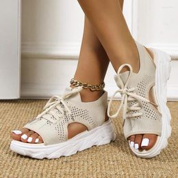 Dress Shoes Mesh Women's Sandals Summer Solid Color Lace-up Platform Open Toe Casual Heeled Women Beach Sandalias De Mujer