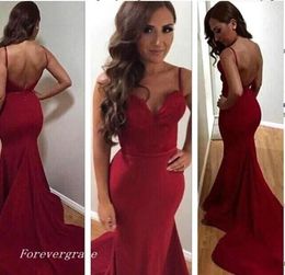 Fashion Women Wine Red Open Back Prom Dress Sexy Burgundy Long Spaghettis Straps Formal Evening Party Gown Custom Made Plus Size3210317