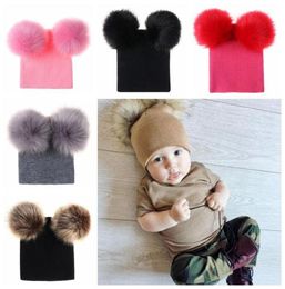 6 Colours INS Kids Double Fur Ball Beanies Knitted Hats Baby Fur Pom Ski Cap Beanies Winter PomPom Caps Party Hats CCA10881 20pcs5206916