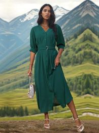 Party Dresses Spring And Summer Women's Green Dress For Commuting V-neck Fashionable Belt Pleated Casual Classic Shirt Top