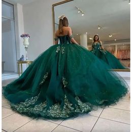 Green Off The Shoulder Ball Gown Puffy Sweet 16 Dress Beaded Quinceanera Dresses Lace Up Back 15 Year Party Evening Gowns 0509