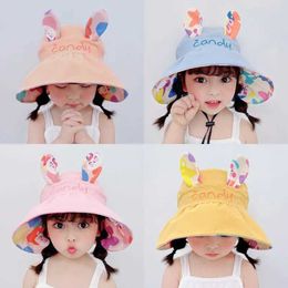 Caps Hats Baby empty top hat with windproof rope fashionable rabbit spring and summer large Brim childrens sun hat outdoor beach childrens sun hat d240509