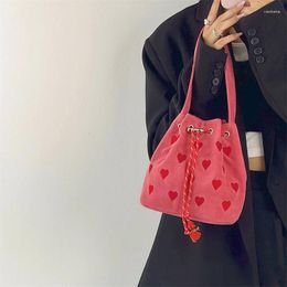 Evening Bags Pink Heart Embroidered Ladies Bucket Purse Handbags Fashion Love Women Messenger Bag Drawstring Female Girls Small Shoulder
