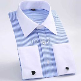 Men's Dress Shirts 2024 Mens Classic French Cuffs Striped Dress Shirt Single Patch Pocket Cufflink Included Long Sleeve Wedding Shirts d240427