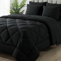 Bedding Sets Black King Size 200gsm Comforter Set - 7 Pieces Reversible Bed In A Bag For Bedroom All Season With