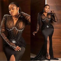 Mermaid African Beading Prom Sexy V Neck Front Split Long Sleeve Evening Gown Satin Outfit Formal Dresses 0509