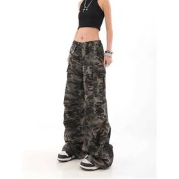 Women's Pants Capris American retro High Street casual top camouflage loose leg pants suitable for women Y2k hip-hop goods Grunge bags Trousers Q240508