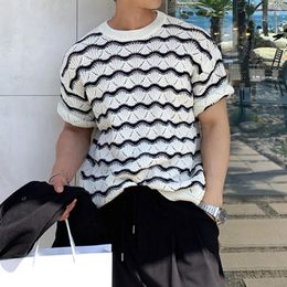 Men's T Shirts Vintage Striped Jacquard Knit Men Slim Stretch Knitting Tops Mens Summer Casual Hollow Short Sleeve O Neck T-shirt