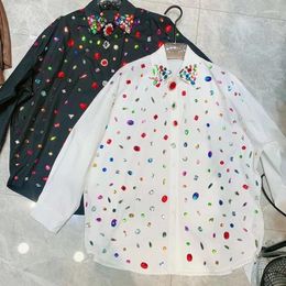 Women's Blouses Luxury Women Rhinestones Beaded Shirts Spring Autumn Single Breasted Diamond Retro Loose Party Club Tops Blusas J340