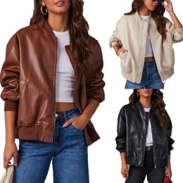 Slim Fit Faux Leder Jacke Frauen Klassiker Moto Biker PU -Later Frühling Herbst Basic Reißverschluss Coat Plus Größe Oberbekleidung Jacke Langarmjacke Frauen Su3600