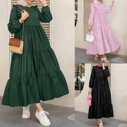 Ethnic Clothing Wepbel Muslim Dress Abaya Ruffles Sleeves Pleated Robe Gown Caftan O-neck Long Women's Large Swing Kaftan Islamic