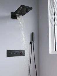 Black Brass Bathroom Shower System Waterfall design water outlet into the wall type key operated shower faucet