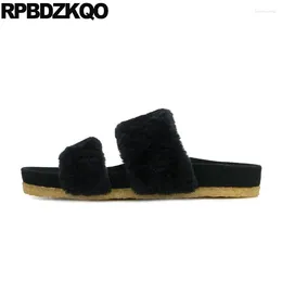 Sandals With Fur Fluffy Elegant Big Size Open Toe Large Furry Shoes 2024 Slides Women Flat Casual Black Slip On