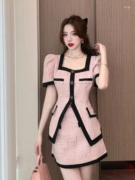 Work Dresses High Quality Temperament Two Pieces Set Women Summer Single-Breasted Square Collar Puff Sleeve Coat Top Mini Skirts Office Suit