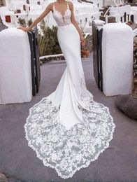 Sexy Long Wedding Dress 2023 Mermaid Sleeveless V Neck Straps Lace Backless Bride Gowns Plus Size Robe De Mariee 0509