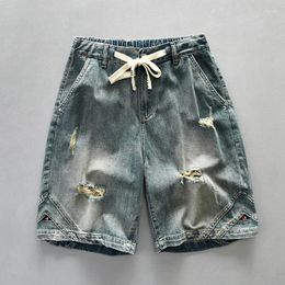 Men's Shorts Vintage Washed Denim For Men 2024 Summer Casual Ripped Hole Elastic Waist Drawstring Half Jeans Youth Male Loose Knee