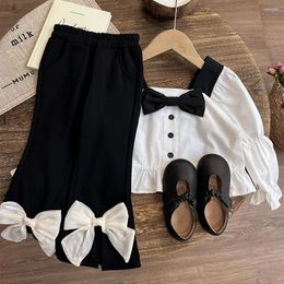 Clothing Sets Baby Girls Long Sleeve Bow Shirts Pants 2Pcs Spring Children Clothes Korean Style Contrast Colour Blouse Kids Outfit Suits