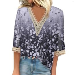 Women's T Shirts Blouse Casual Loose 3/4 Sleeve Lace Trims Print V Neck Tops T-Shirts Tee Fashionable And Simple Clothing
