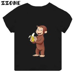 T-shirts Curious George Funny Monkey Printed Cartoon Childrens T-shirt Girl Clothing Baby Boy Black Short sleeved T-shirt Childrens Top TH5266L2405