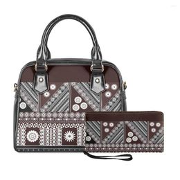 Shopping Bags Drop Polynesian Tribal Brown And White Fijian Tongan Flower Print Custom Handbag Wallet Coin Purse Ladies Sets 2pcs
