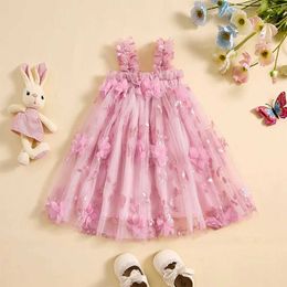 Flickas klänningar spädbarn barnbarn baby flicka sommar ärmlös 3d blomma spetsklänning 1 stycke broderi tryckning tyll prinsessa sundress h240508