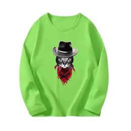 T-shirts Cowboy cat with hat childrens T-shirt cool little cat T-shirt suitable for young people spring and autumn long sleeved cotton topL240509