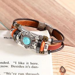 Charm Bracelets Vintage Genuine Leather Bracelet For Women Men Tibetan Lotus Flower Synthetic Turquoise Stone Wristband