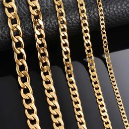 Chains 1 piece Length 21cm-100cm Gold Color Flat Curb Chain Necklace 3mm-9.5mm Stainless Steel Curb Link Chain for Men Women d240509