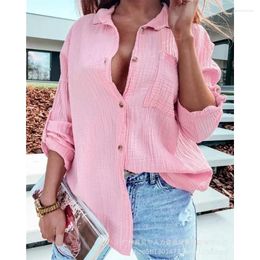 Women's Blouses Wepbel Y2K Loose Casual Plain Shirt Collar Women Long Sleeve Top Roll Up Buttoned Pocket