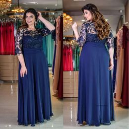 2021 Dark Navy Plus Size Lace Evening Dresses With Half Sleeves Sheer Bateau Neck A Line Beaded Prom Gowns Floor Length Chiffon Formal Dress 0509