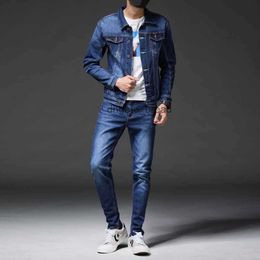 Smart Business Tracksuits Simple Blue Men Two-Piece Sets Spring Autumn Denim Jacket and Jeans Fashion Slim Trendy Stretch Mens Clothing